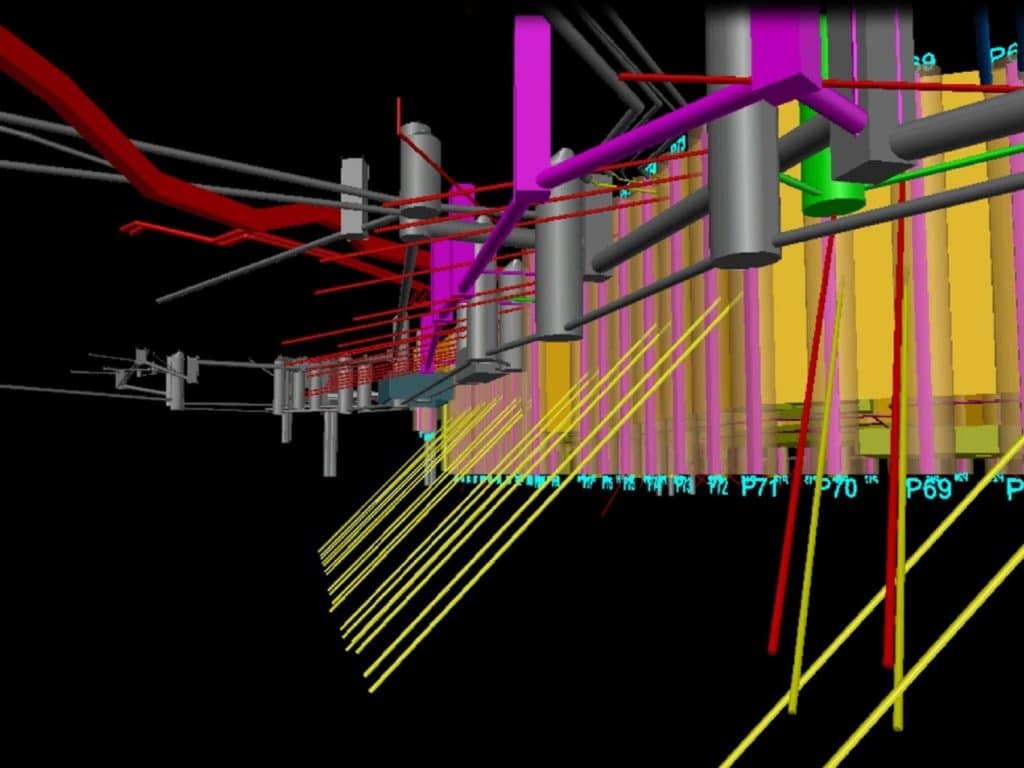 3-D sketch showing anchored soldier piles with underground utilities
